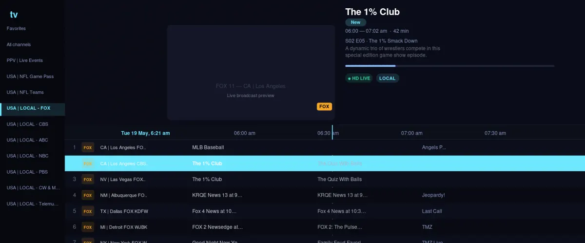 BexyTV app guide interface showing a live TV channel grid
