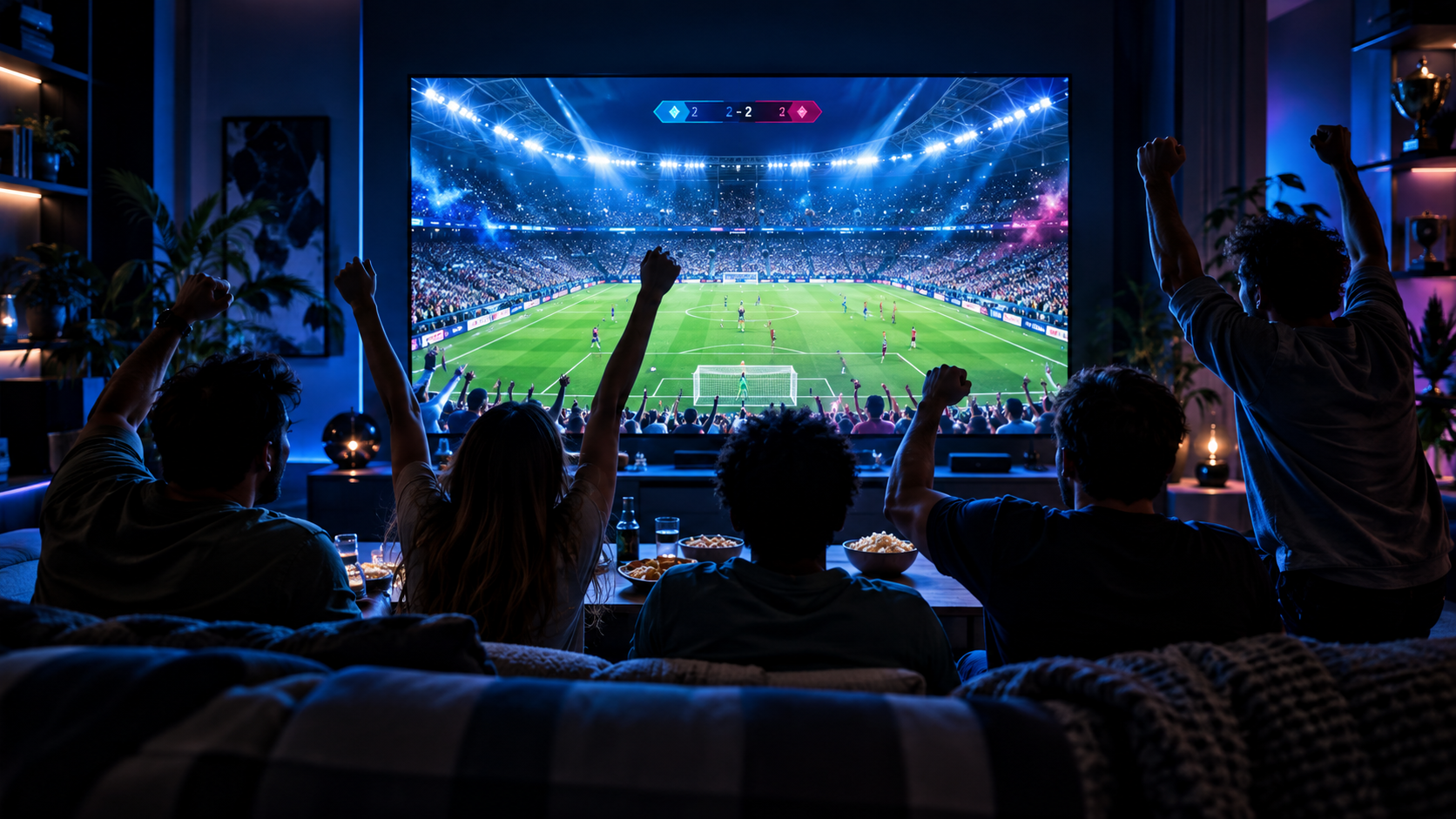 Friends enjoying a fictional live sports match at home